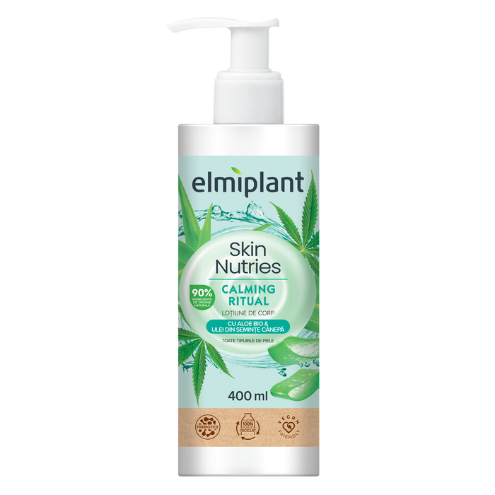 Loțiune de corp Elmiplant Skin Nutries Calming Ritual, cu aloe și ulei din semințe de cânepă, 400 ml