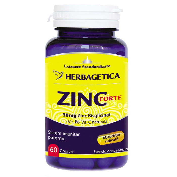 Supliment alimentar Herbagetica Zinc Forte, cu zinc bisglicinat, 60 capsule