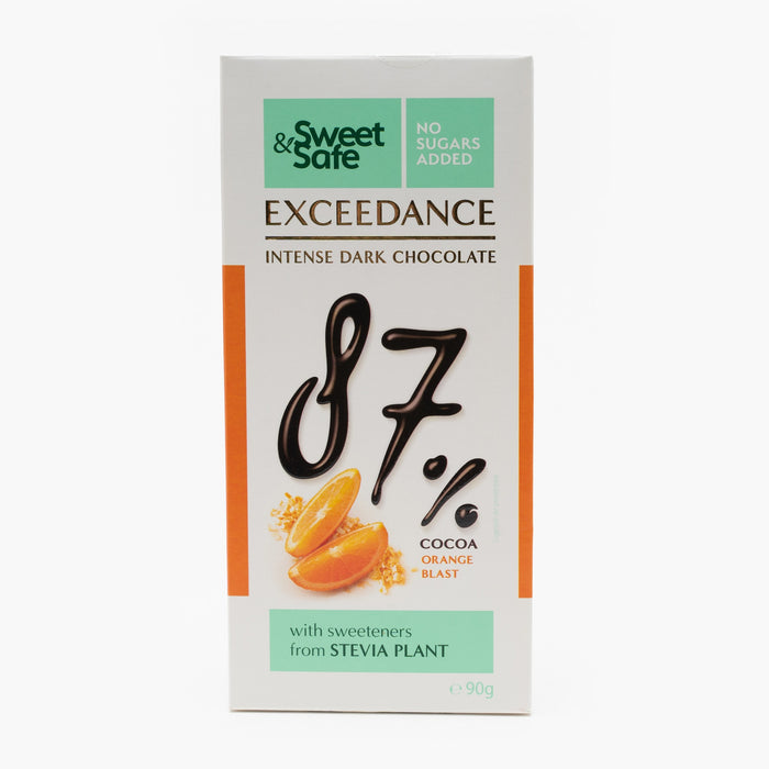 Ciocolată neagră Sweet&Safe Exceedance, 87% cacao cu portocală și îndulcitor din stevia, 90 g