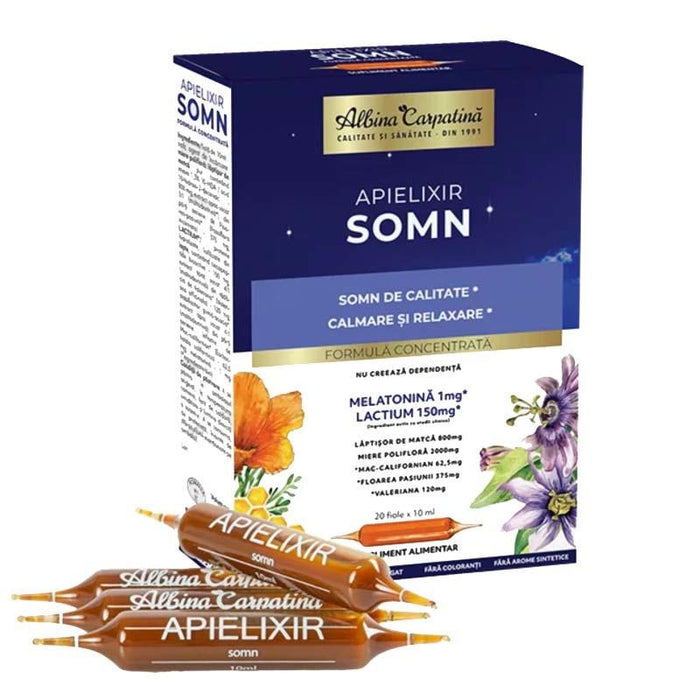 Supliment alimentar Albina Carpatina Apielixir Somn cu lăptișor de matcă și melatonină, 20 fiole x 10 ml