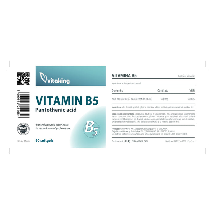 Supliment alimentar Vitaking Acid pantotenic B5, 200 mg, 90 capsule
