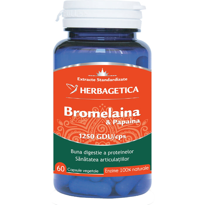 Supliment alimentar Herbagetica Bromelaină și papaină, 1250 GDU/capsulă, 60 capsule vegetale