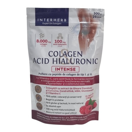 Supliment alimentar Interherb Colagen & Acid Hialuronic Intense, cu aromă de zmeură, 300 g