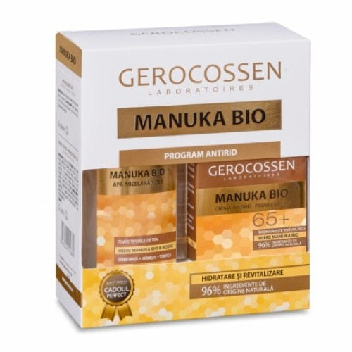 Set cosmetic Gerocossen Manuka Bio, cremă antirid 65+ și apă micelară