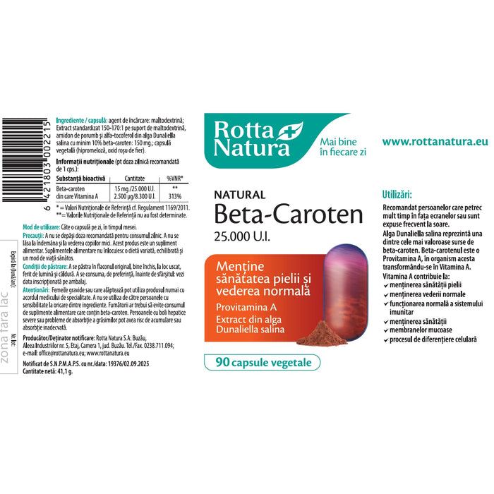 Supliment alimentar Rotta Natura Beta-Caroten Natural, 25.000 UI, 90 capsule vegetale