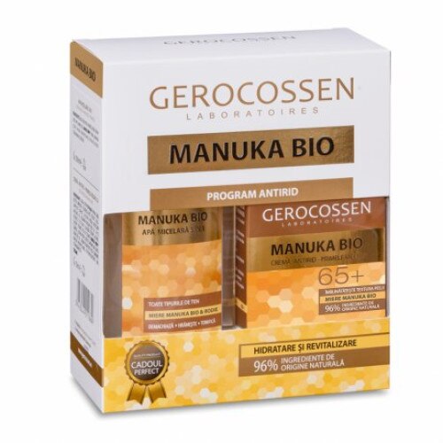 Set cosmetic Gerocossen Manuka Bio, cremă antirid 65+ și apă micelară