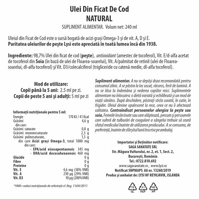 Supliment alimentar Lysi, ulei din ficat de cod natural, 240 ml