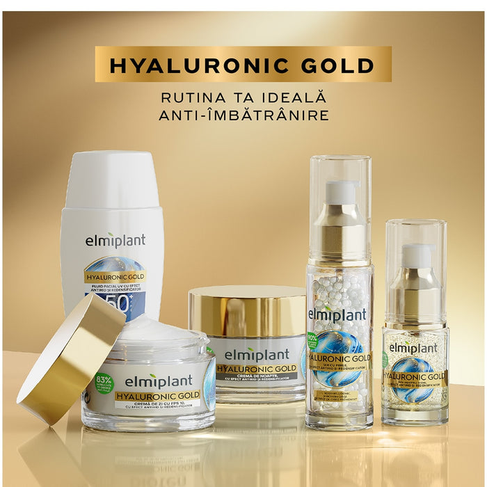 Cremă de zi antirid Elmiplant Hyaluronic Gold, cu 5 tipuri de acid hialuronic și SPF 10, 50 ml