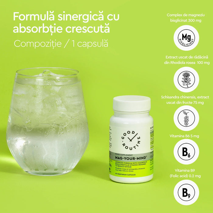Supliment alimentar Good Routine Mag-Your-Mind cu magneziu bisglicinat, vitaminele B6 și B9, 30 capsule vegetale