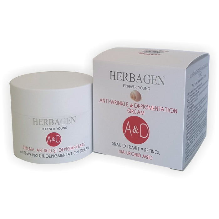 Cremă de față antirid și depigmentare Herbagen cu extract de melc, 50 ml