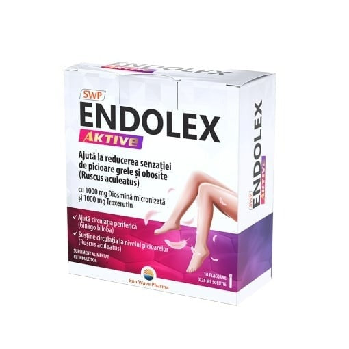 Supliment alimentar Sun Wave Pharma Endolex Aktive, cu diosmină și troxerutină, 10 flacoane x 25 ml