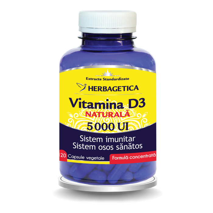 Supliment alimentar Herbagetica Vitamina D3 naturală, 5.000 UI, 120 capsule vegetale