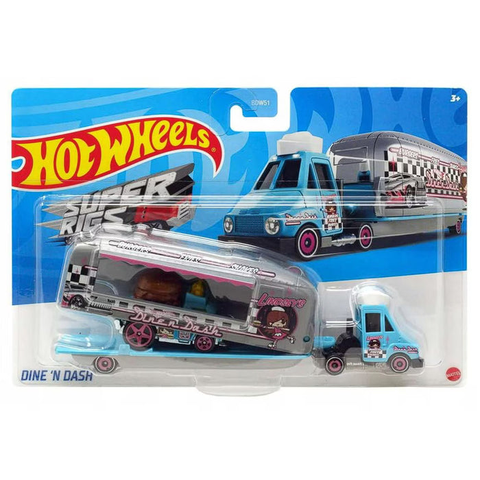 Camion transportor Mattel Hot Wheels, Dine 'N Dash, cu mașină de curse, 3+ ani