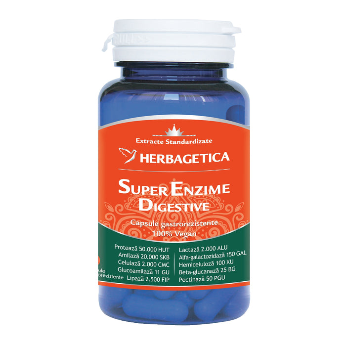 Supliment alimentar Herbagetica Super Enzime Digestive, capsule gastrorezistente, 60 capsule
