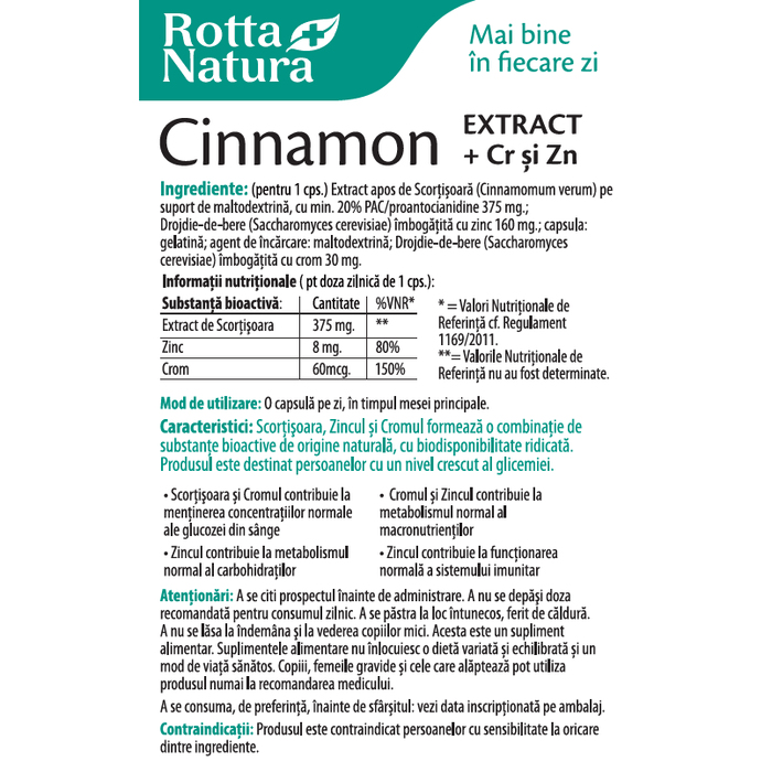 Supliment alimentar Rotta Natura Cinnamon Extract cu crom și zinc, 30 capsule