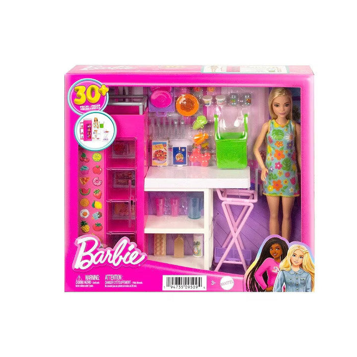 Set de joacă Mattel Barbie, bucătărie cu păpușă și accesorii, 30 de piese, 3+ ani