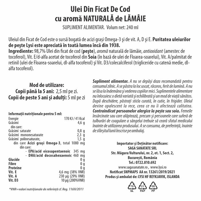 Supliment alimentar Lysi, ulei din ficat de cod cu aromă naturală de lămâie, 240 ml