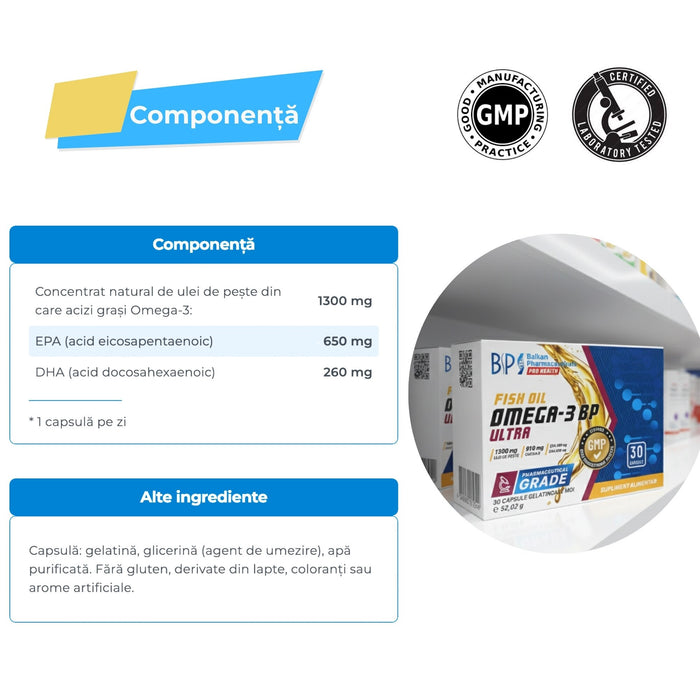 Supliment alimentar Balkan Pharmaceuticals Omega-3 BP Ultra, ulei de pește, 1300 mg, 30 capsule moi