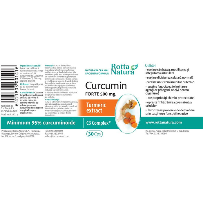 Supliment alimentar Rotta Natura Curcumin Forte 500 mg, 30 capsule