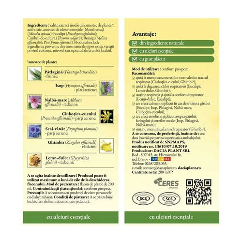 Supliment alimentar Calmotusin sirop cu 7 plante și 5 uleiuri esențiale, 200 ml