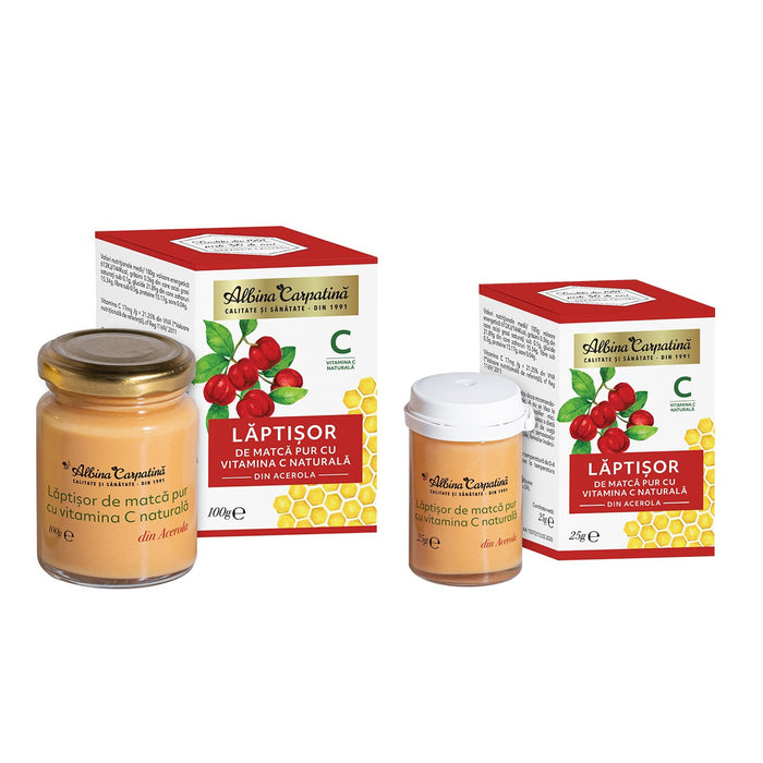 Supliment alimentar Albina Carpatina, lăptișor de matcă cu vitamina C din acerola, 100 g + 25 g