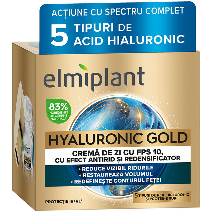 Cremă de zi antirid Elmiplant Hyaluronic Gold, cu 5 tipuri de acid hialuronic și SPF 10, 50 ml