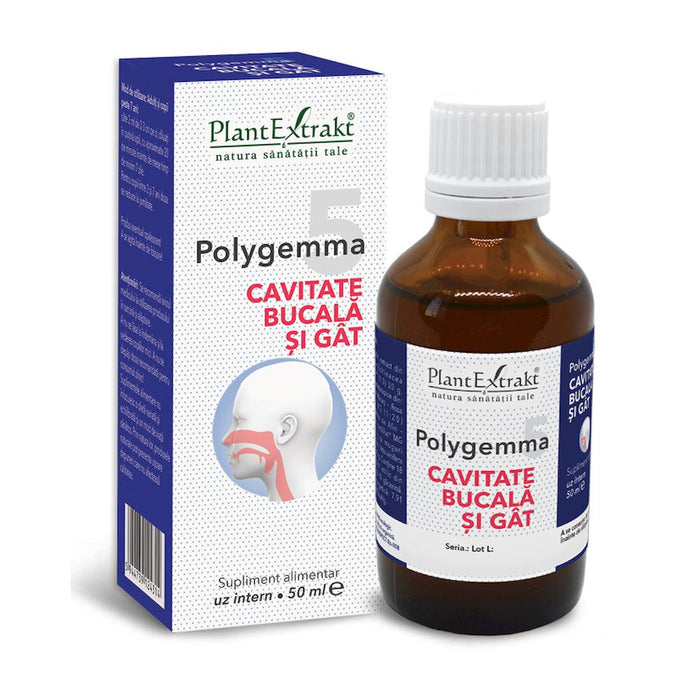 Supliment alimentar PlantExtrakt Polygemma 5 pentru cavitatea bucală și gât, 50 ml