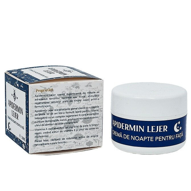 Cremă de noapte pentru față Apidermin Lejer, cu lăptișor de matcă și ulei din sâmburi de caise, 50 ml