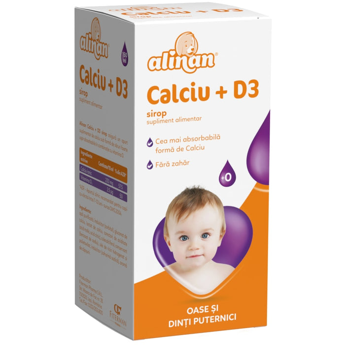 Supliment alimentar Fiterman Pharma Alinan Calciu + D3, sirop pentru copii fără zahăr, 150 ml