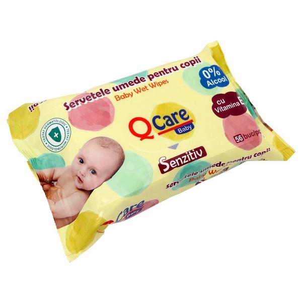 Șervețele umede pentru copii Sarah QCare Sensitive, cu vitamina E și 0% alcool, 56 bucăți