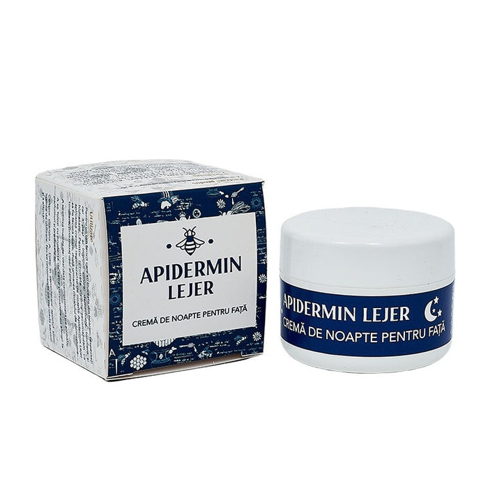 Cremă de noapte pentru față Apidermin Lejer, cu lăptișor de matcă și ulei din sâmburi de caise, 50 ml