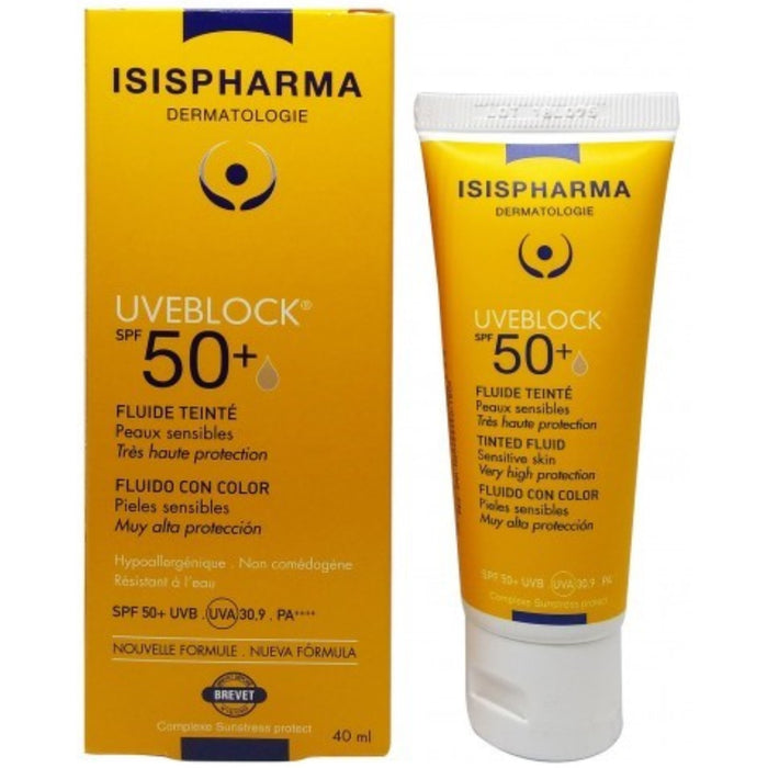 Fluid nuanțator cu protecție solară Isis Pharma UVEBLOCK SPF 50+, pentru ten sensibil, 40 ml