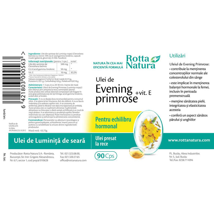 Supliment alimentar Rotta Natura Evening Primrose + Vitamina E, 90 capsule