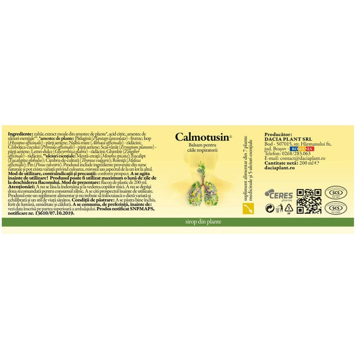 Supliment alimentar Calmotusin sirop cu 7 plante și 5 uleiuri esențiale, 200 ml