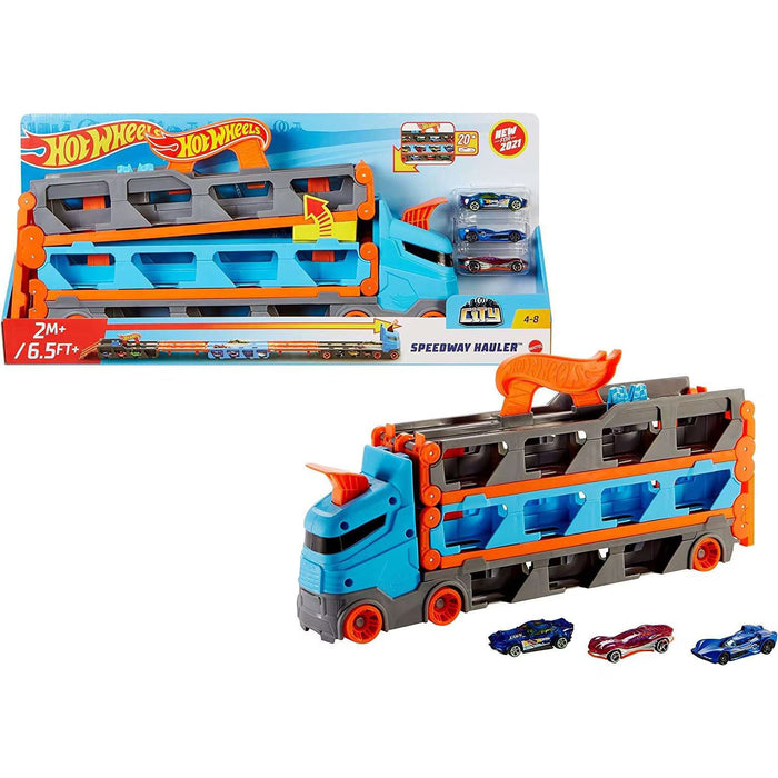 Camion transportor cu pistă Mattel Hot Wheels Speedway Hauler, 3 mașinuțe, pistă de peste 2 m, 4–8 ani
