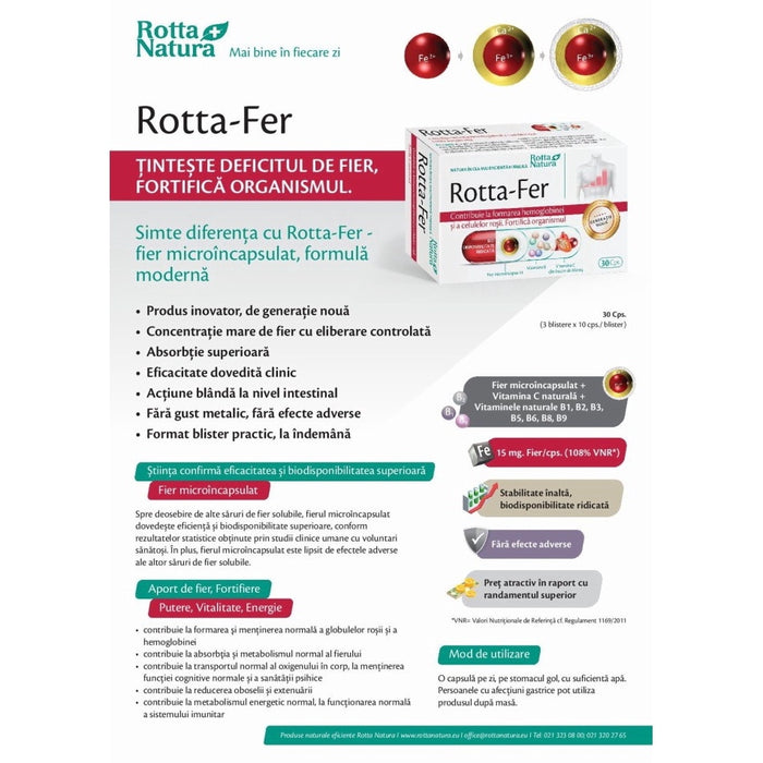 Supliment alimentar Rotta Natura Rotta-Fer, cu fier microîncapsulat, vitamina C și complex B, 30 capsule