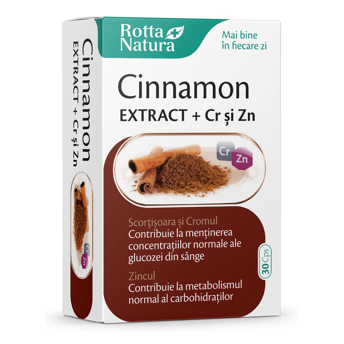 Supliment alimentar Rotta Natura Cinnamon Extract cu crom și zinc, 30 capsule