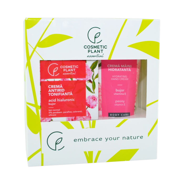 Set cadou Cosmetic Plant Essential, cremă antirid tonifiantă cu acid hialuronic și bujor și cremă de mâini cu bujor, 50 ml + 100 ml