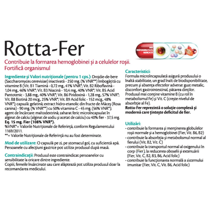 Supliment alimentar Rotta Natura Rotta-Fer, cu fier microîncapsulat, vitamina C și complex B, 30 capsule