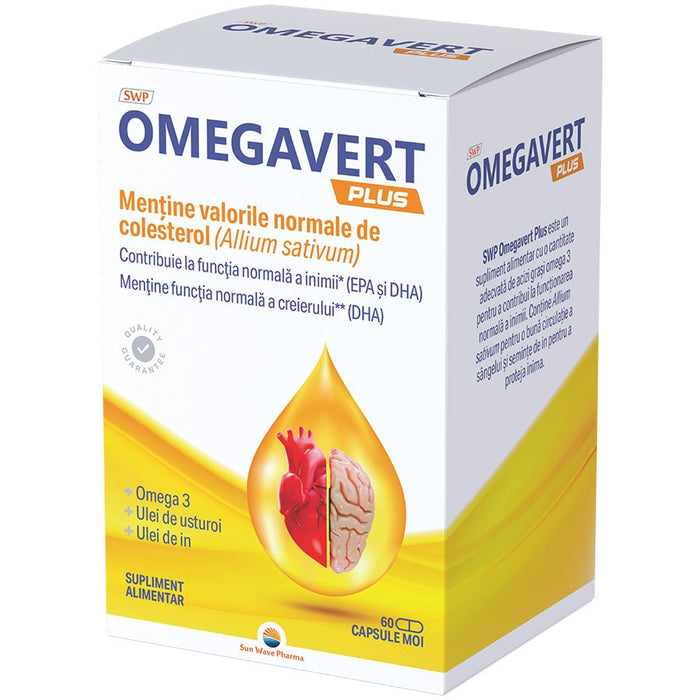 Supliment alimentar Sun Wave Pharma Omegavert Plus cu omega-3, capsule moi, 60 capsule