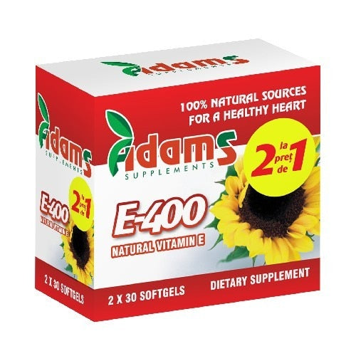 Supliment alimentar Adams Vision Vitamina E-400 naturală, 400 UI, 2 x 30 capsule gelatinoase
