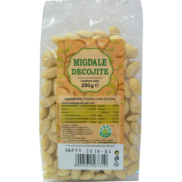Migdale Herbavit, crude și decojite, 250 g