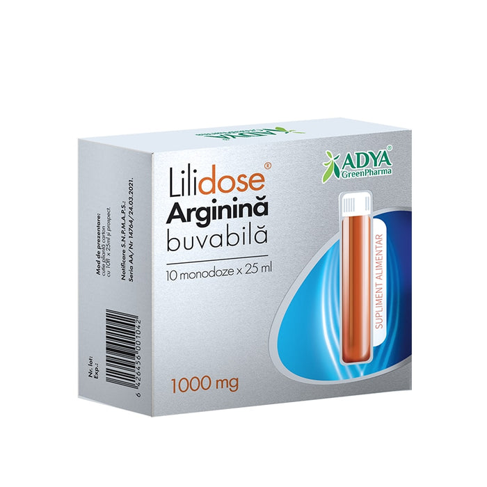Supliment alimentar lichid Adya Green Pharma LiliDose Arginină, 1000 mg, aromă de piersică, 10 monodoze x 25 ml