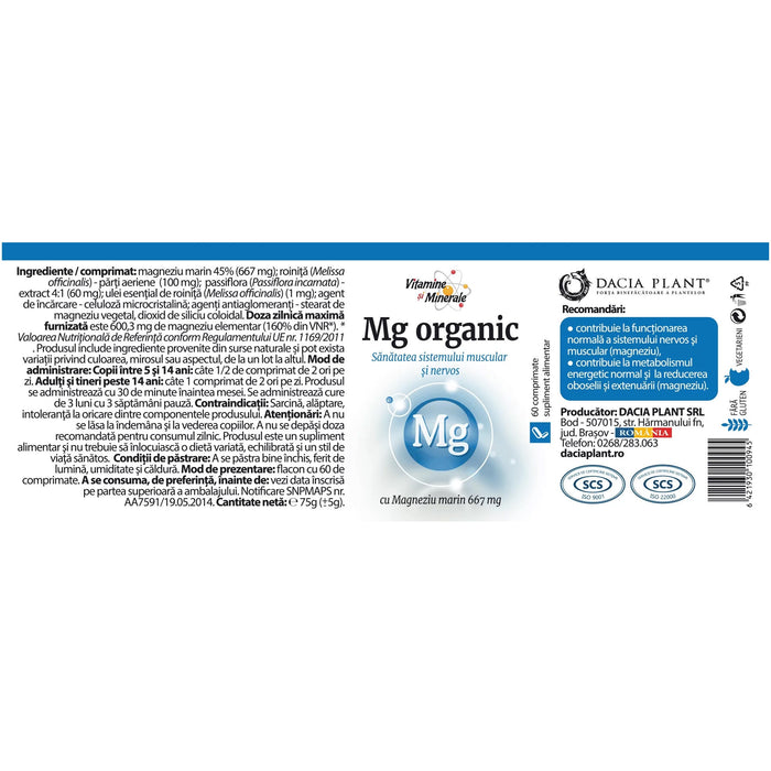 Supliment alimentar Dacia Plant Magneziu organic, cu magneziu marin, 60 comprimate