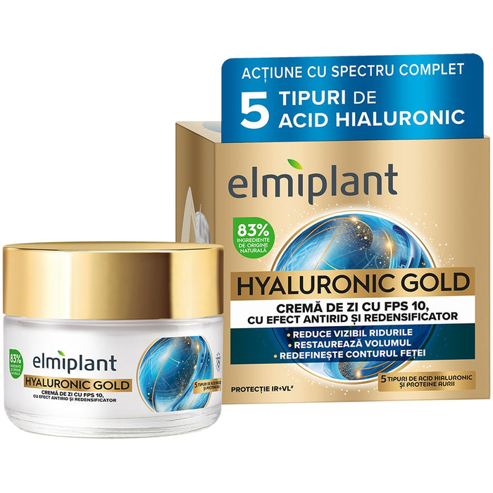 Cremă de zi antirid Elmiplant Hyaluronic Gold, cu 5 tipuri de acid hialuronic și SPF 10, 50 ml