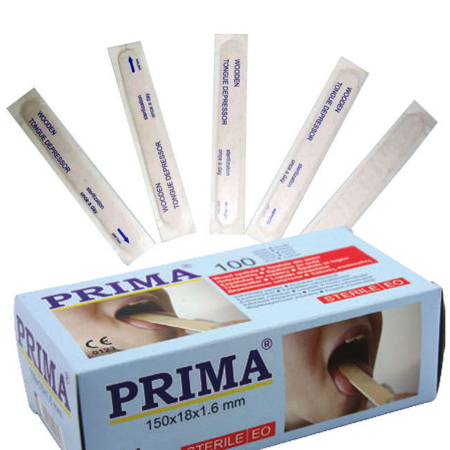 Apăsătoare de limbă sterile Prima, din lemn, ambalate individual, 100 bucăți