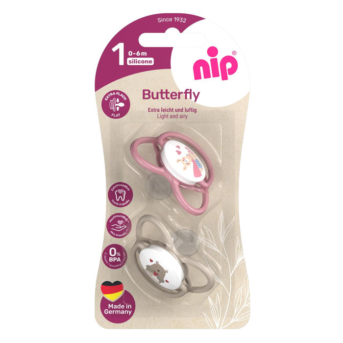 Suzetă Nip Butterfly, din silicon, anatomică, pentru 0–6 luni, 2 bucăți