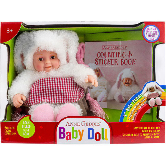 Păpușă Anne Geddes, Iepuraș, 23 cm, cu mini-carte cu stickere