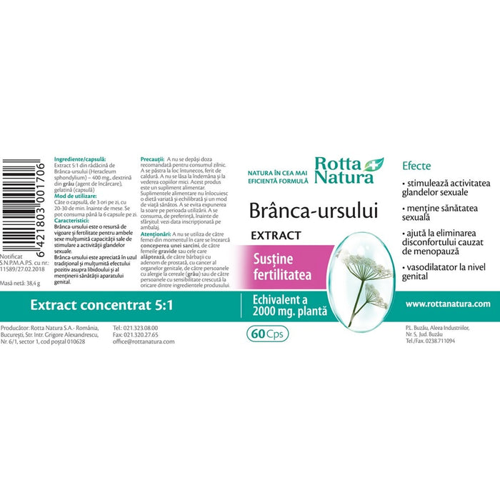 Supliment alimentar Rotta Natura Brânca-ursului Extract, 60 capsule