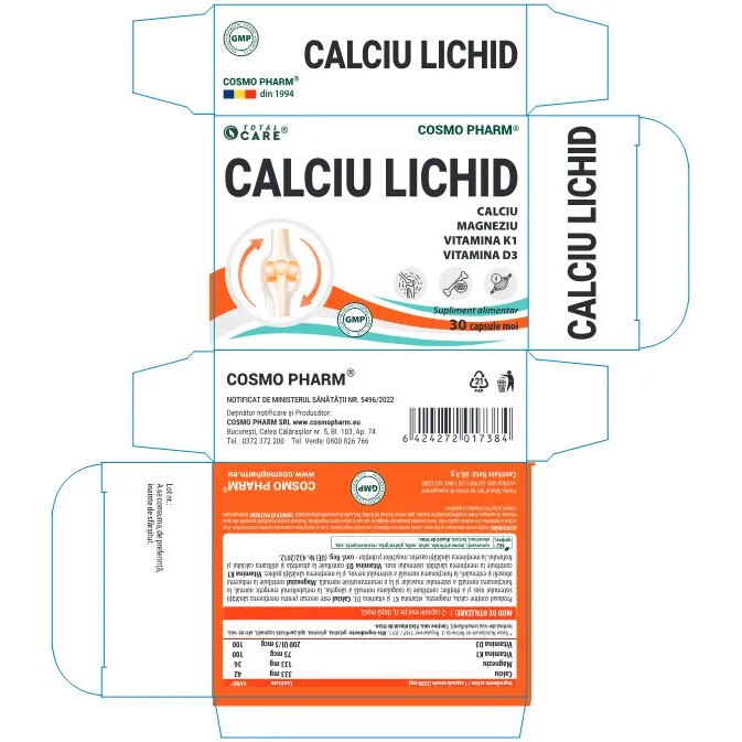 Supliment alimentar CosmoPharm Calciu Lichid, cu calciu, magneziu și vitaminele K1 și D3, 30 capsule moi